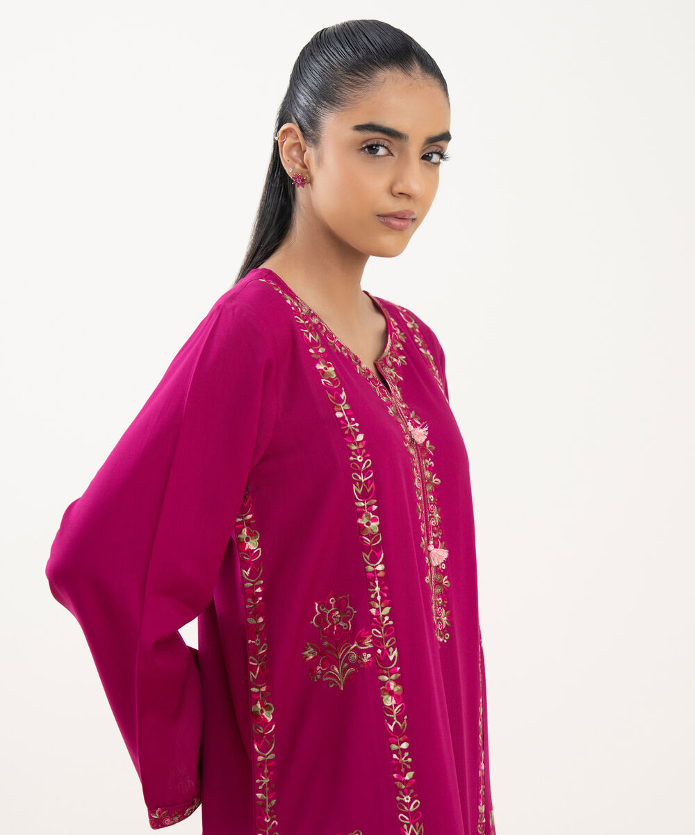 Women's RTW Cotton Viscose Embroidered Pink A-Line Shirt