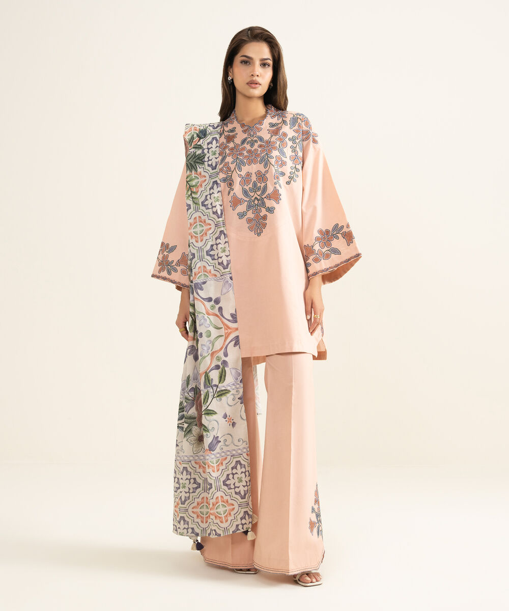 Women's Unstitched Textured Lawn Embroidered Pink 3 Piece Suit