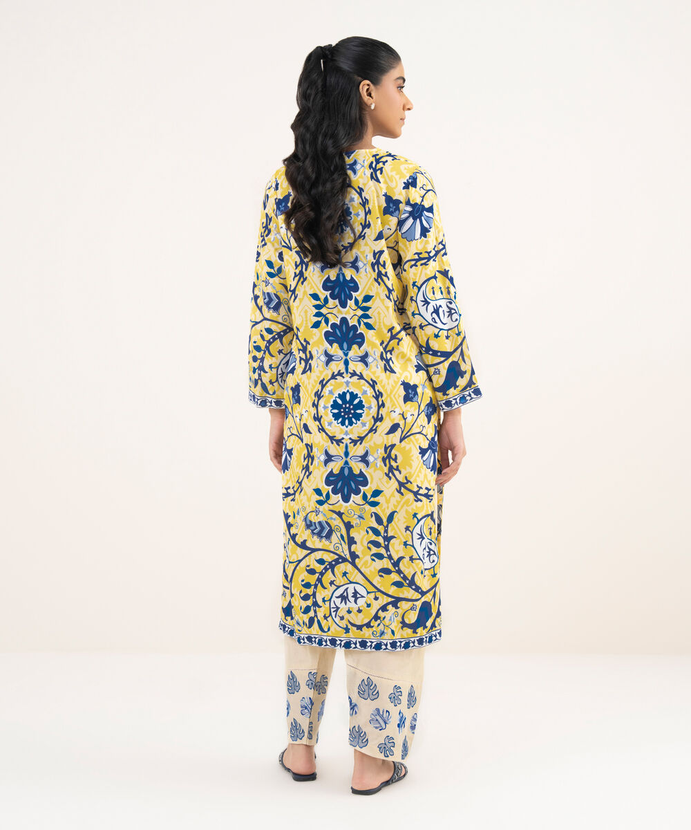 Women's RTW Arabic Lawn Lime Yellow Printed Straight Shirt