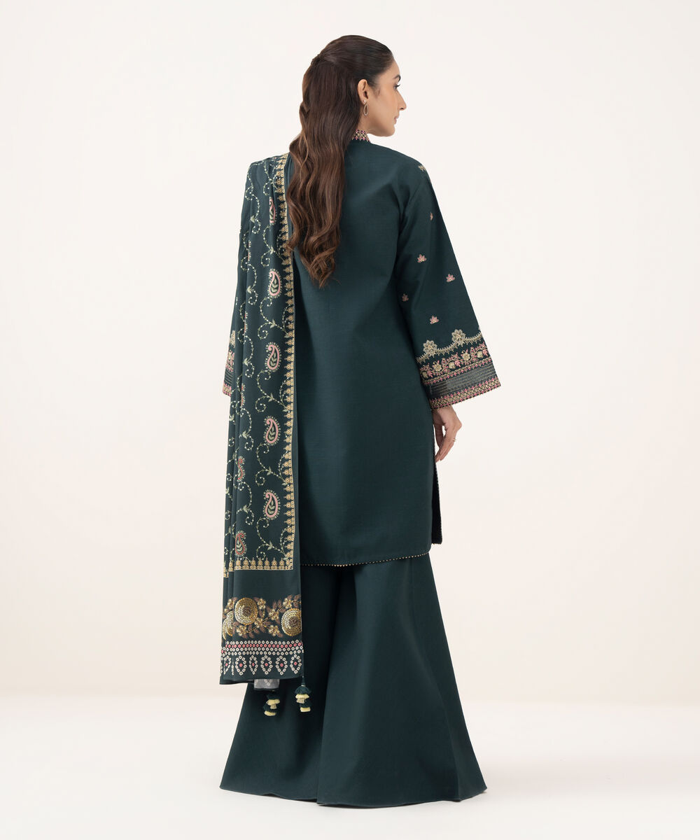 Women's Unstitched Light Khaddar Embroidered Green 3 Piece Suit