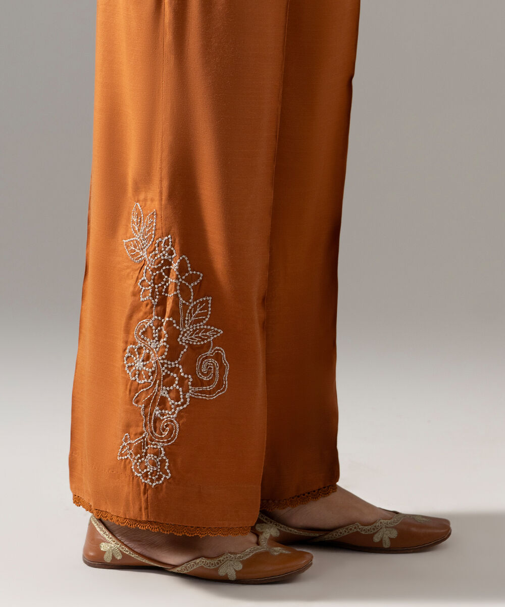 Women's RTW Viscose Raw Silk Solid Embroidered Brown 2 Piece Suit