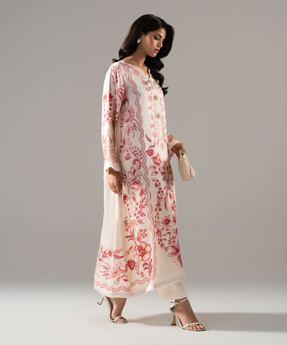 Women's RTW Viscose Raw Silk Printed Beige 2 Piece Suit