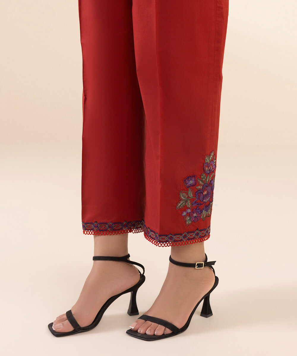 Woman - Red 3 Piece - Embroidered Cotton Satin Suit