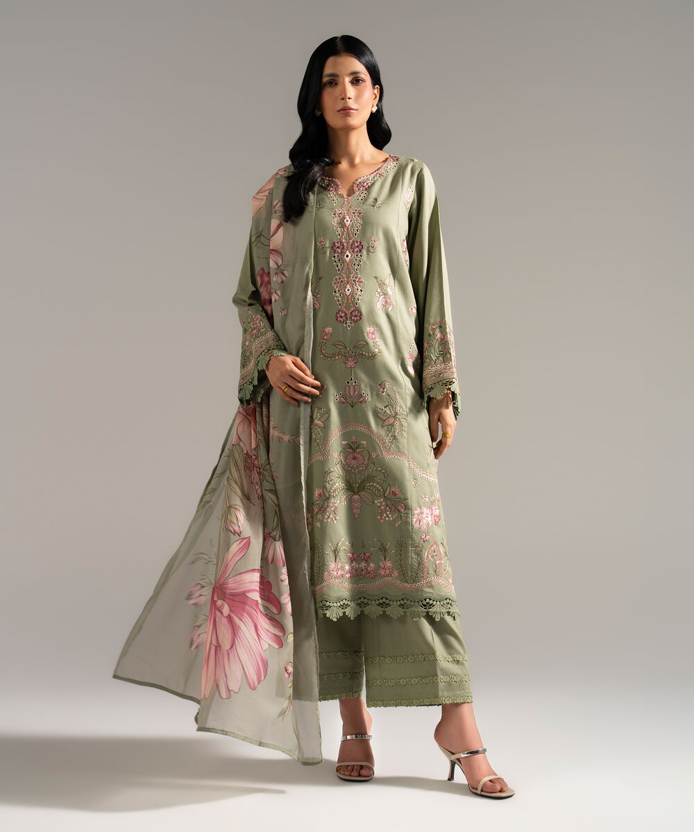 Women's RTW Dobby Crepe Embroidered Green 3 Piece Suit
