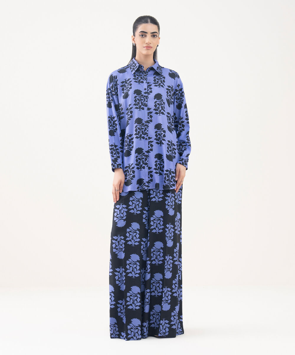 Women's RTW Viscose Linen Purple Printed Button Down Shirt