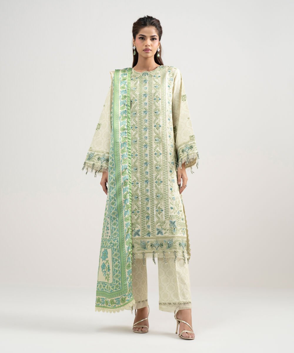Women's Unstitched Lawn Embroidered Off White 3 Piece Suit