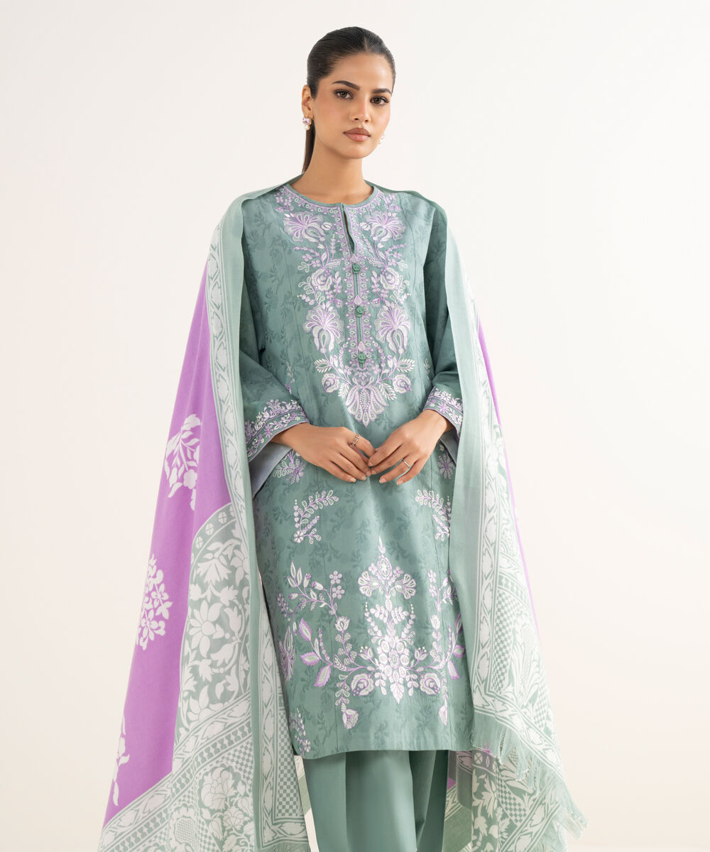Women's Unstitched Cotton Jacquard Embroidered Green 3 Piece Suit