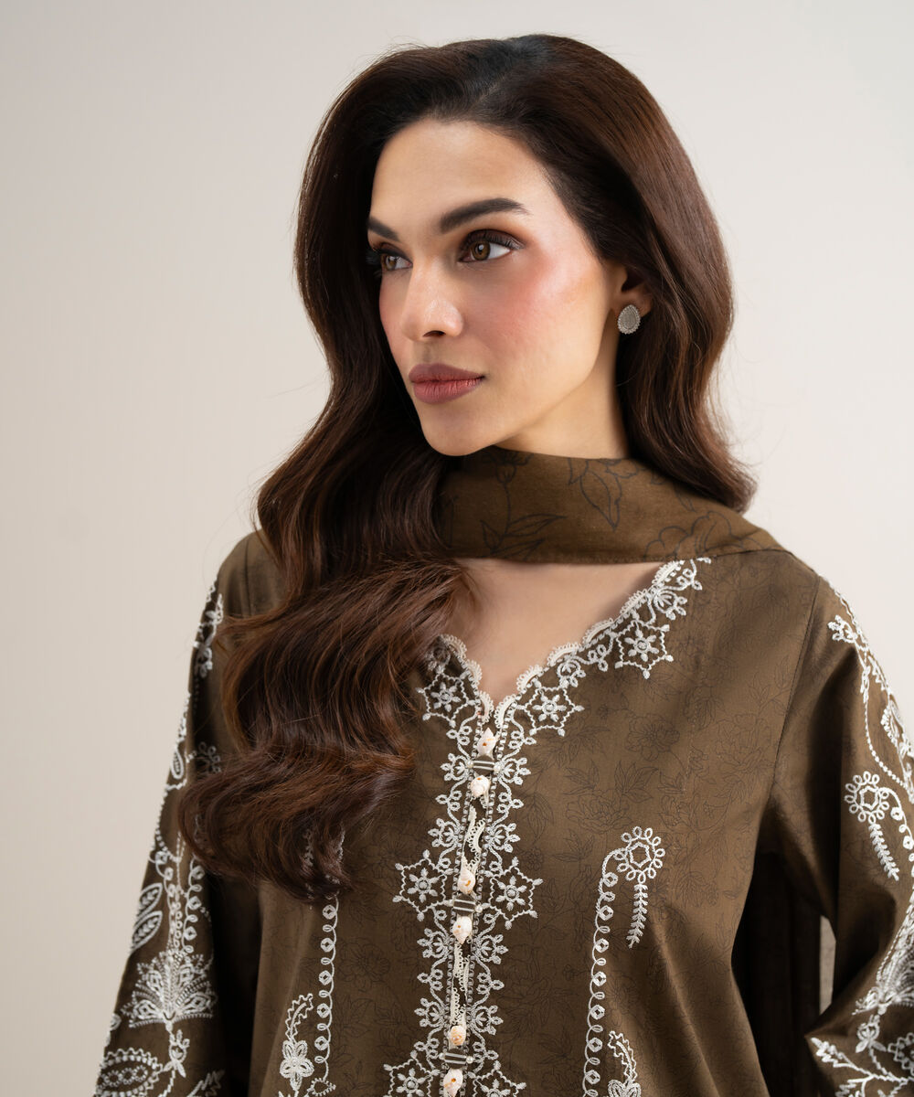 Women's Unstitched Lawn Embroidered Brown 3 Piece Suit
