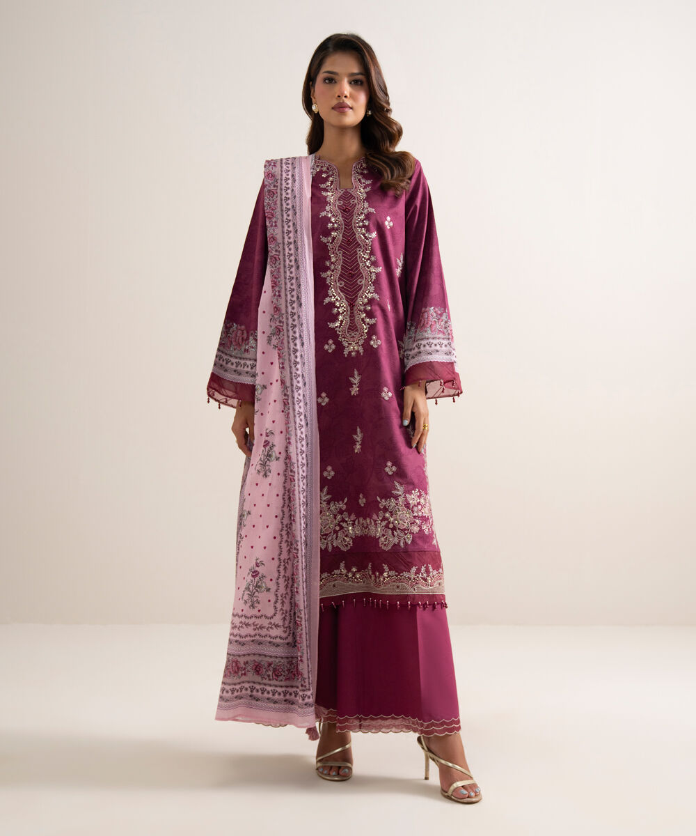 Women's Unstitched Lawn Embroidered Red 3 Piece Suit
