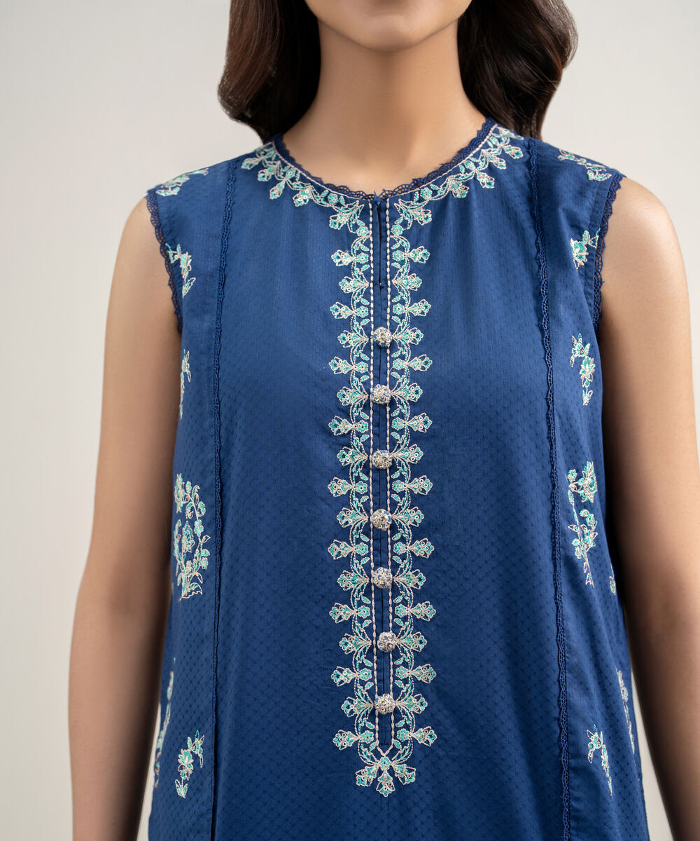 Women's RTW Dobby Embroidered Dark Blue 3 Piece Suit