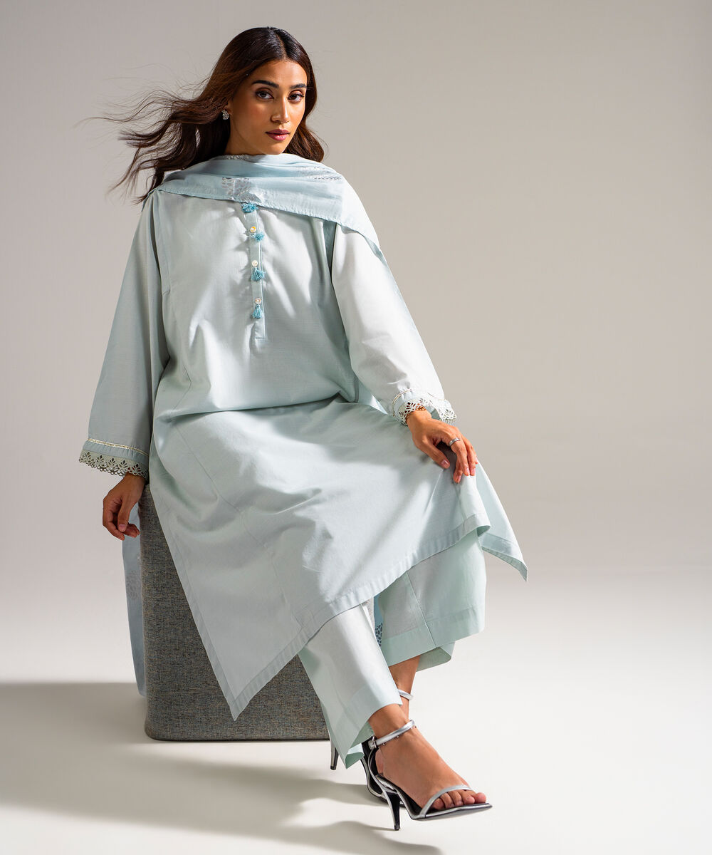 Women's RTW Slub Lawn Solid Blue 3 Piece Suit