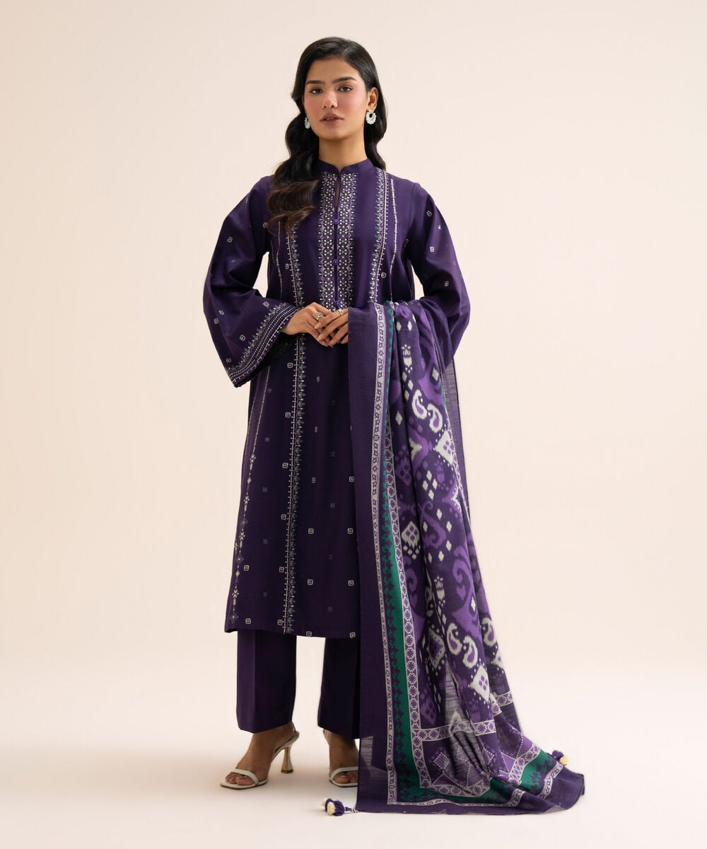 Women's Unstitched Light Khaddar Embroidered Purple 3 Piece Suit