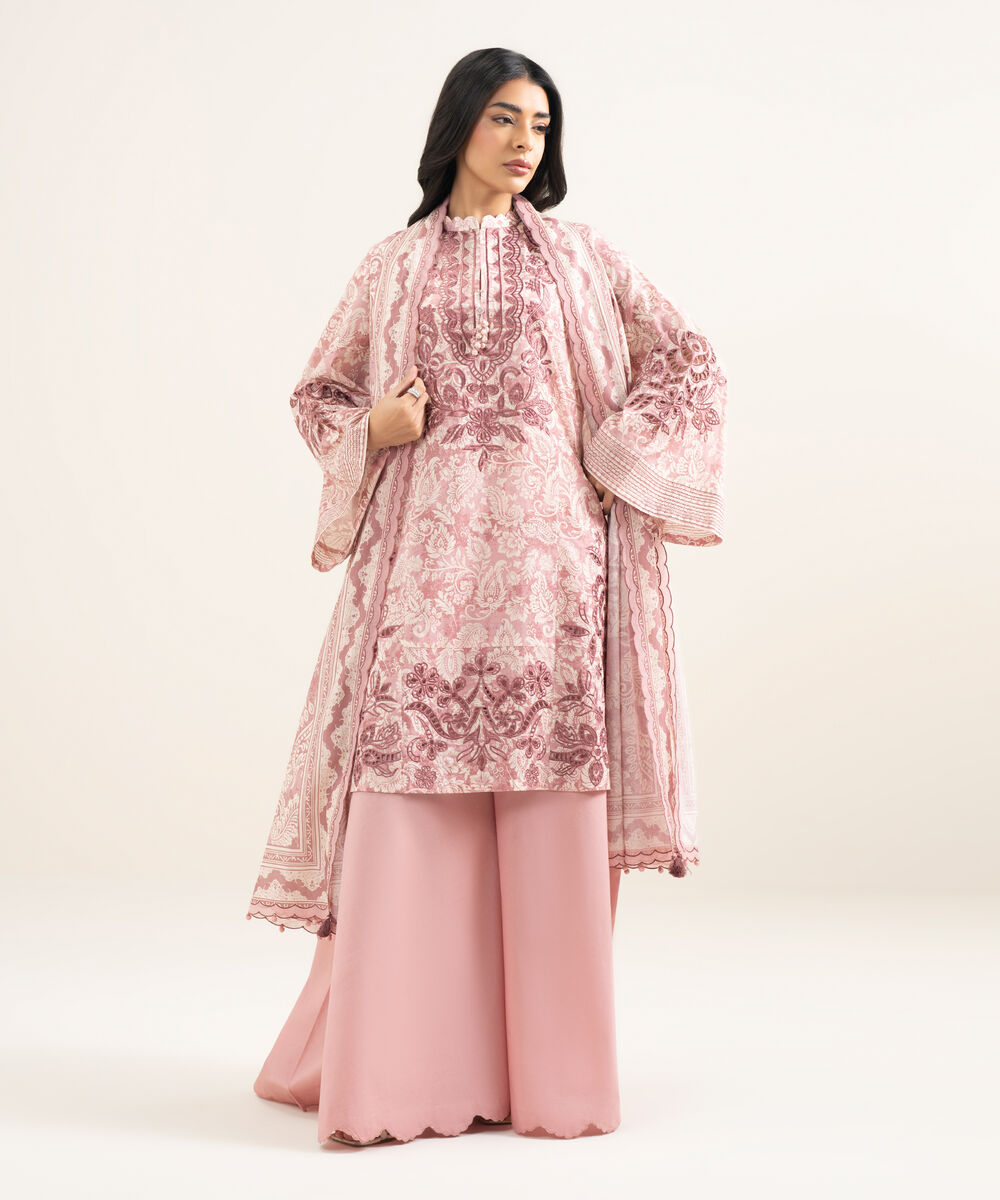 Women's Unstitched Lawn Embroidered Tea Pink 3 Piece Suit