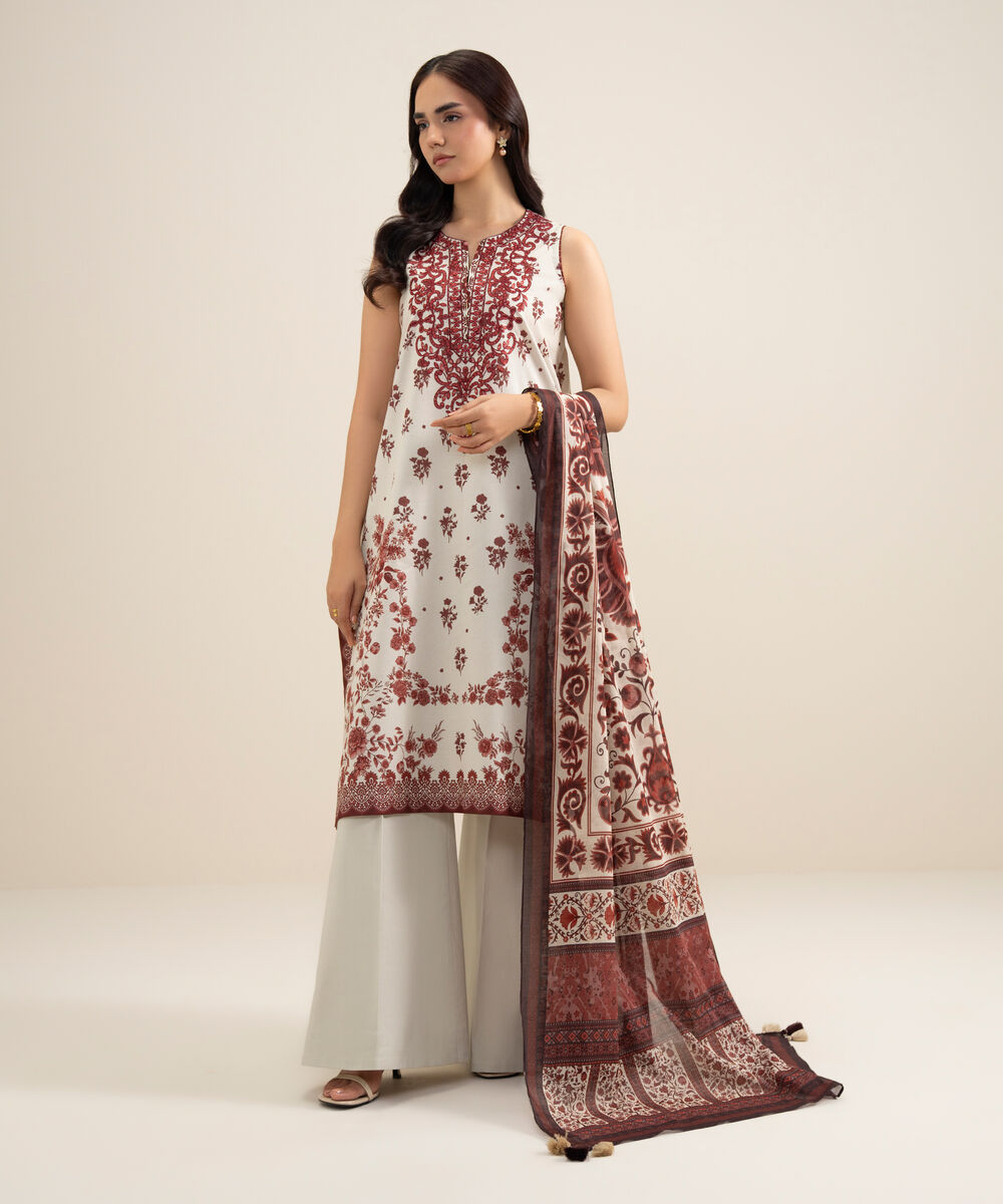 Women's Unstitched Lawn Embroidered Off White and Red 3 Piece Suit