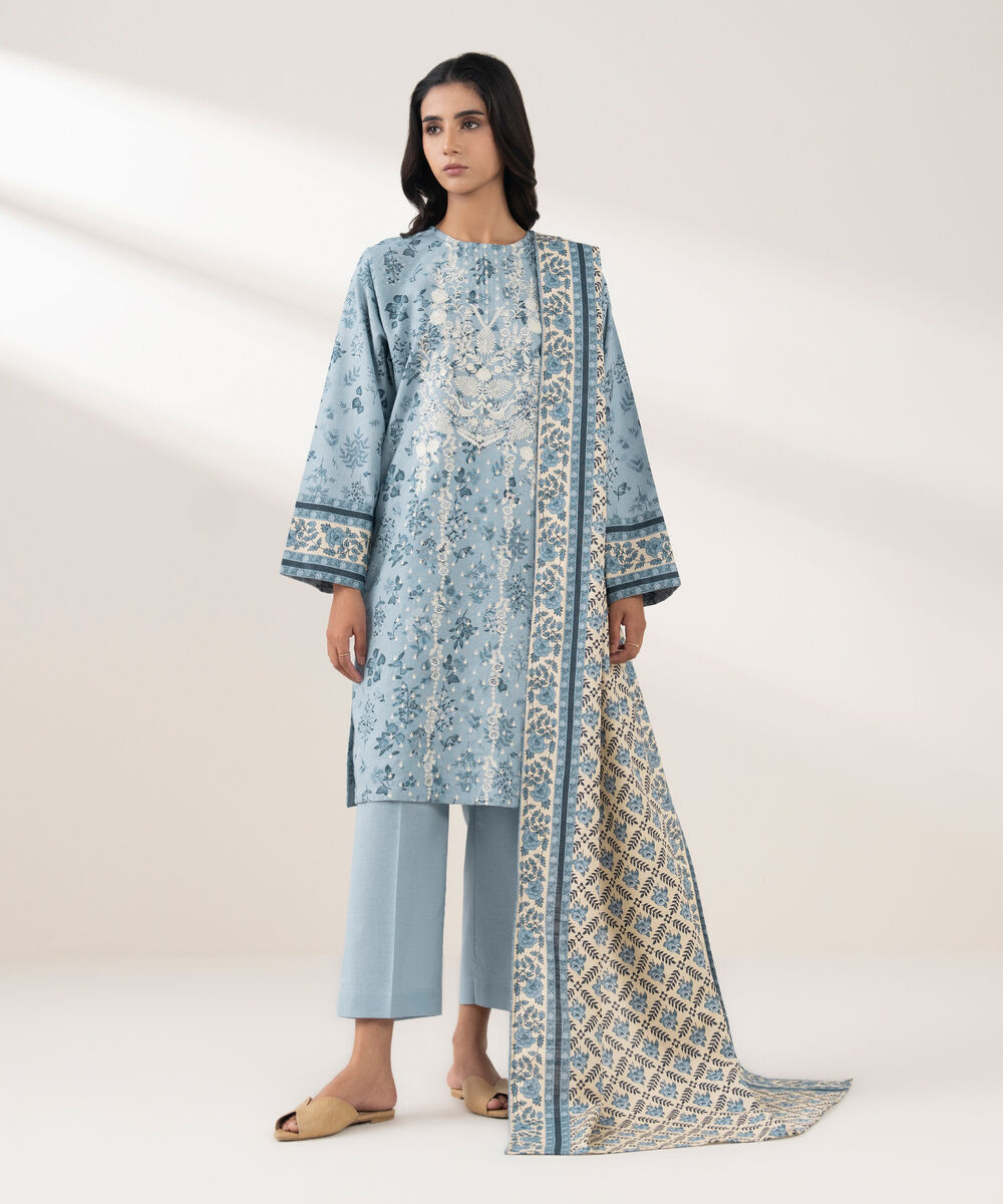 Women's RTW Khaddar Embroidered Blue 3 Piece Suit