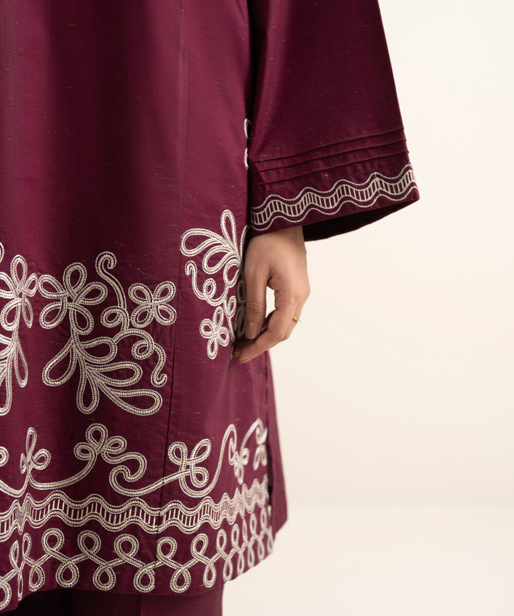 Women's RTW Multi Neps Embroidered Maroon Drop Shoulder Shirt