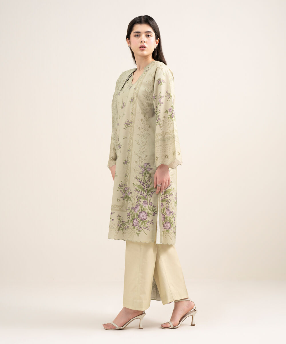 Women's Unstitched Zari Lawn Printed Beige 3 Piece Suit