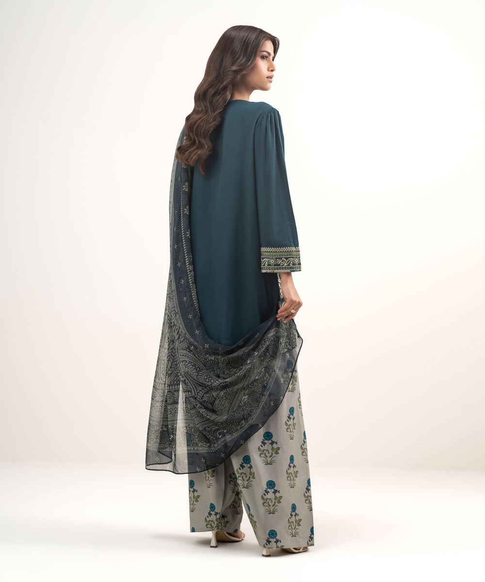 Women's RTW Dobby Embroidered Teal 3 Piece Suit