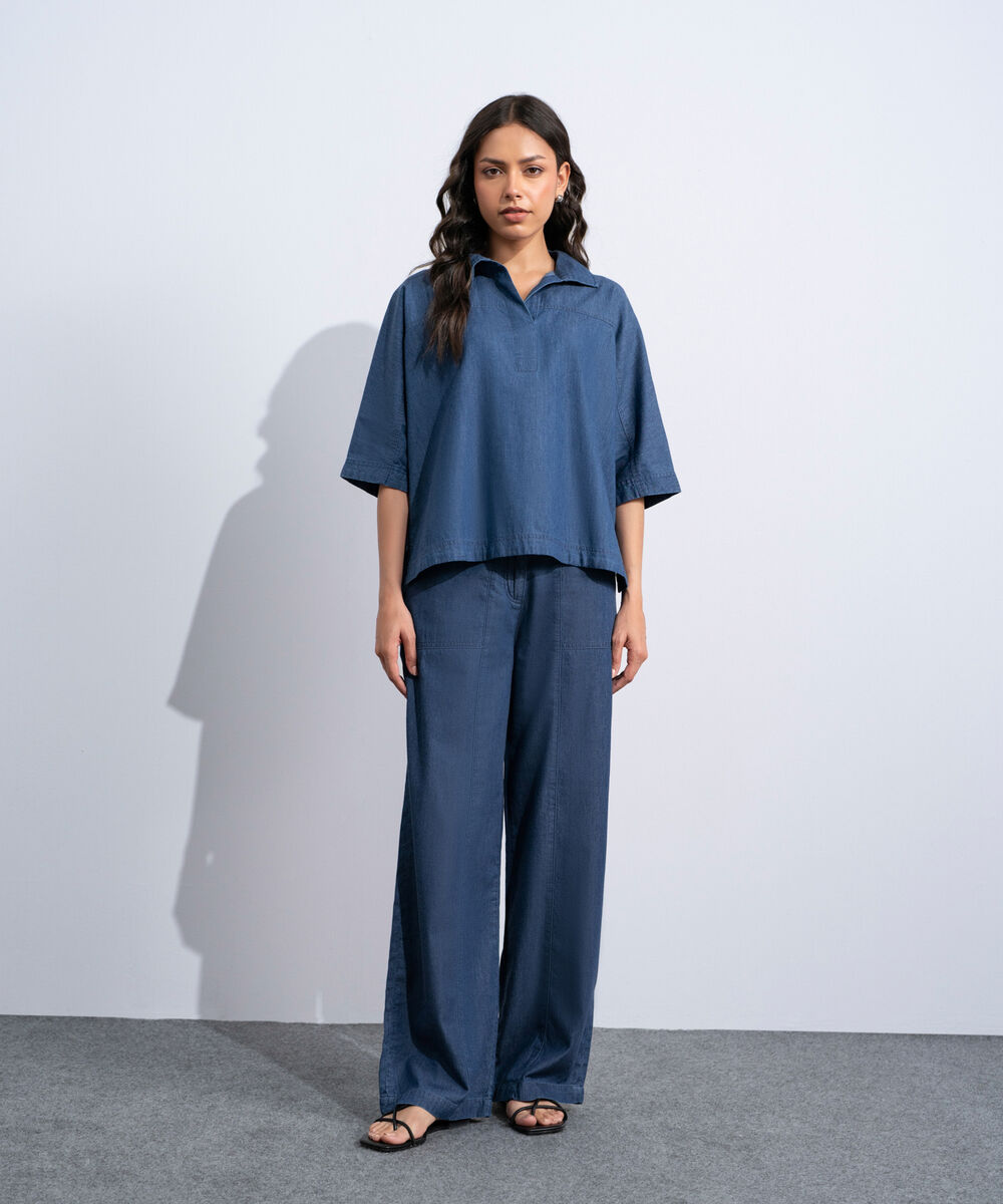 Women's Western Rinse Wash Denim Top With Kimono Sleeve