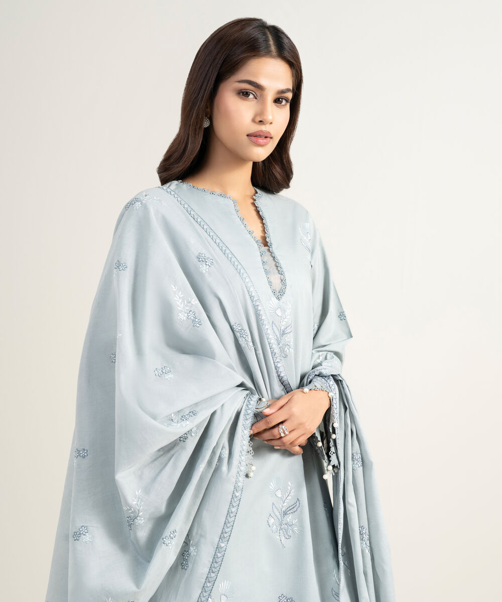 Women's Unstitched Textured Lawn Embroidered Grey 3 Piece Suit