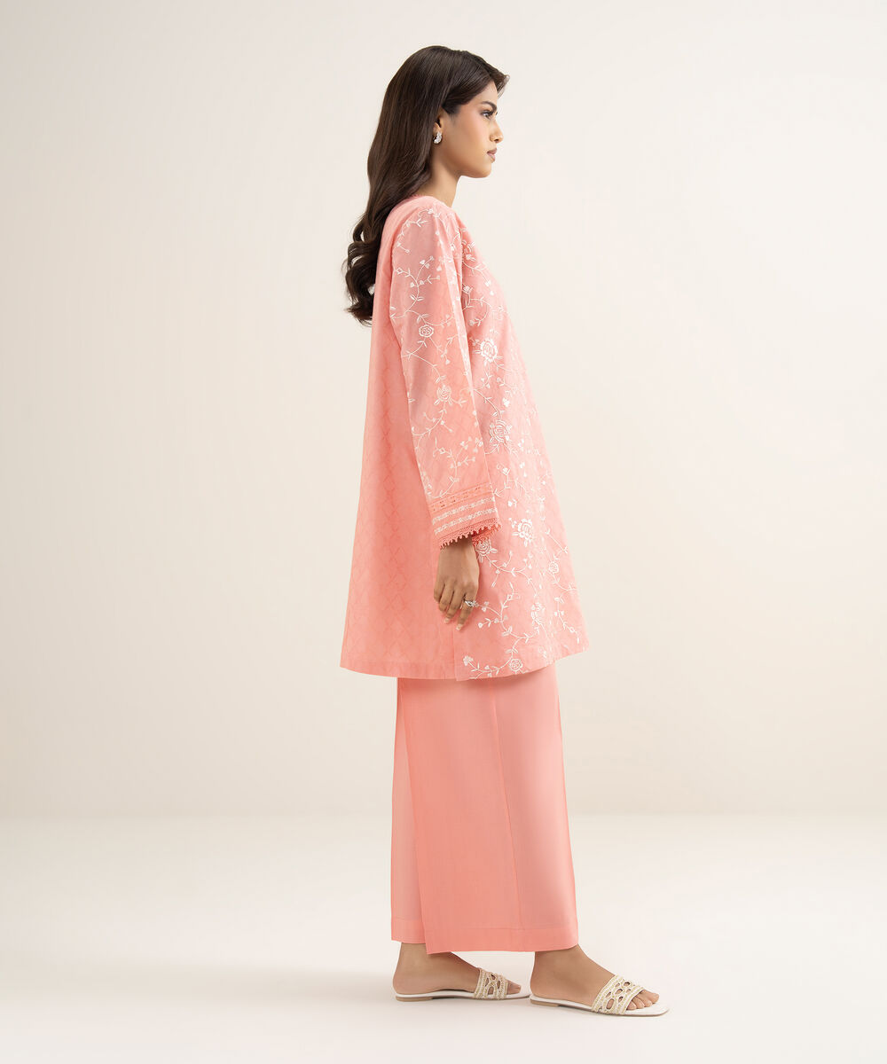 Women's RTW Self Jacquard Embroidered Pink Straight Shirt