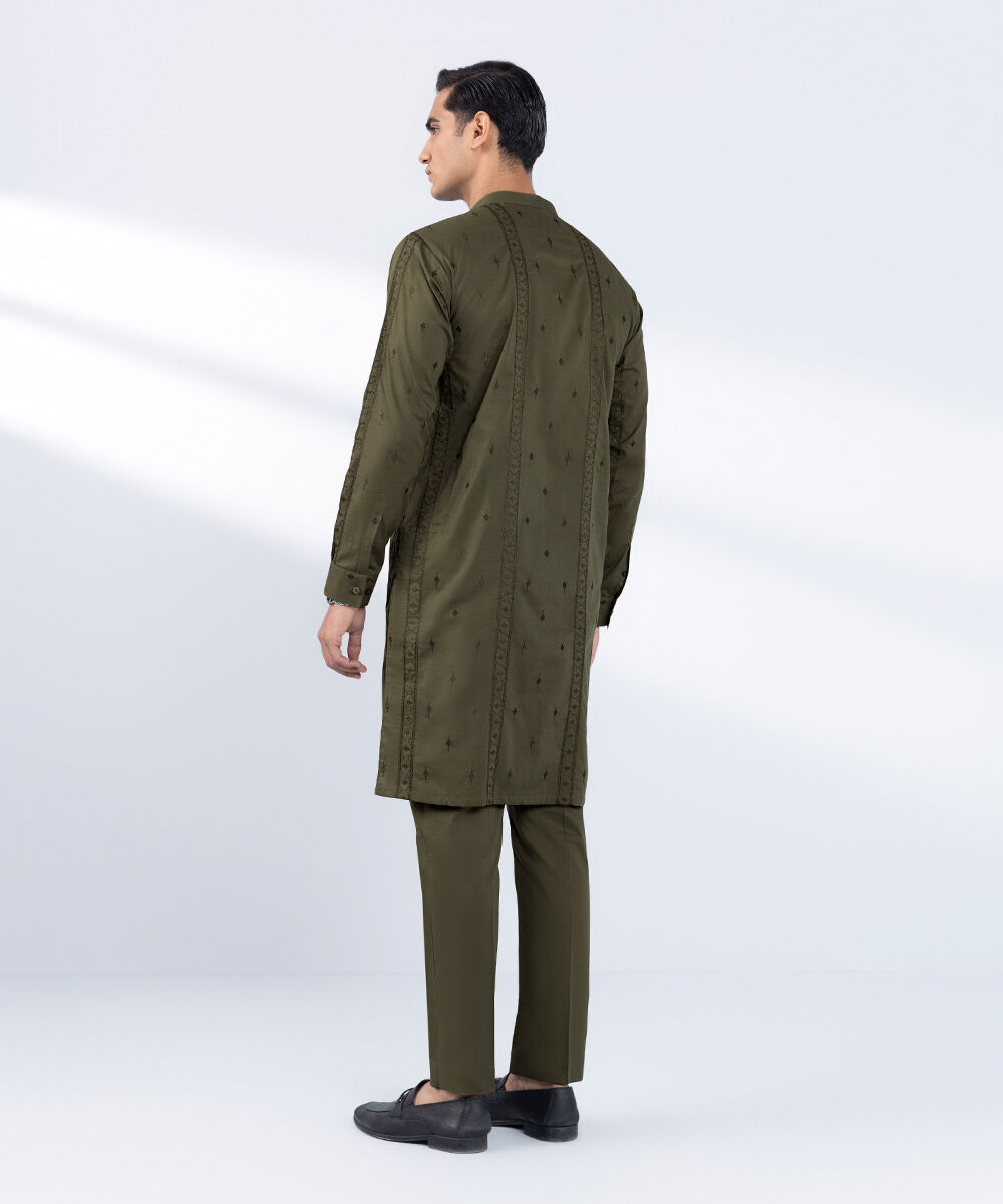 Men's Stitched Embroidered Green 2 PC Suit