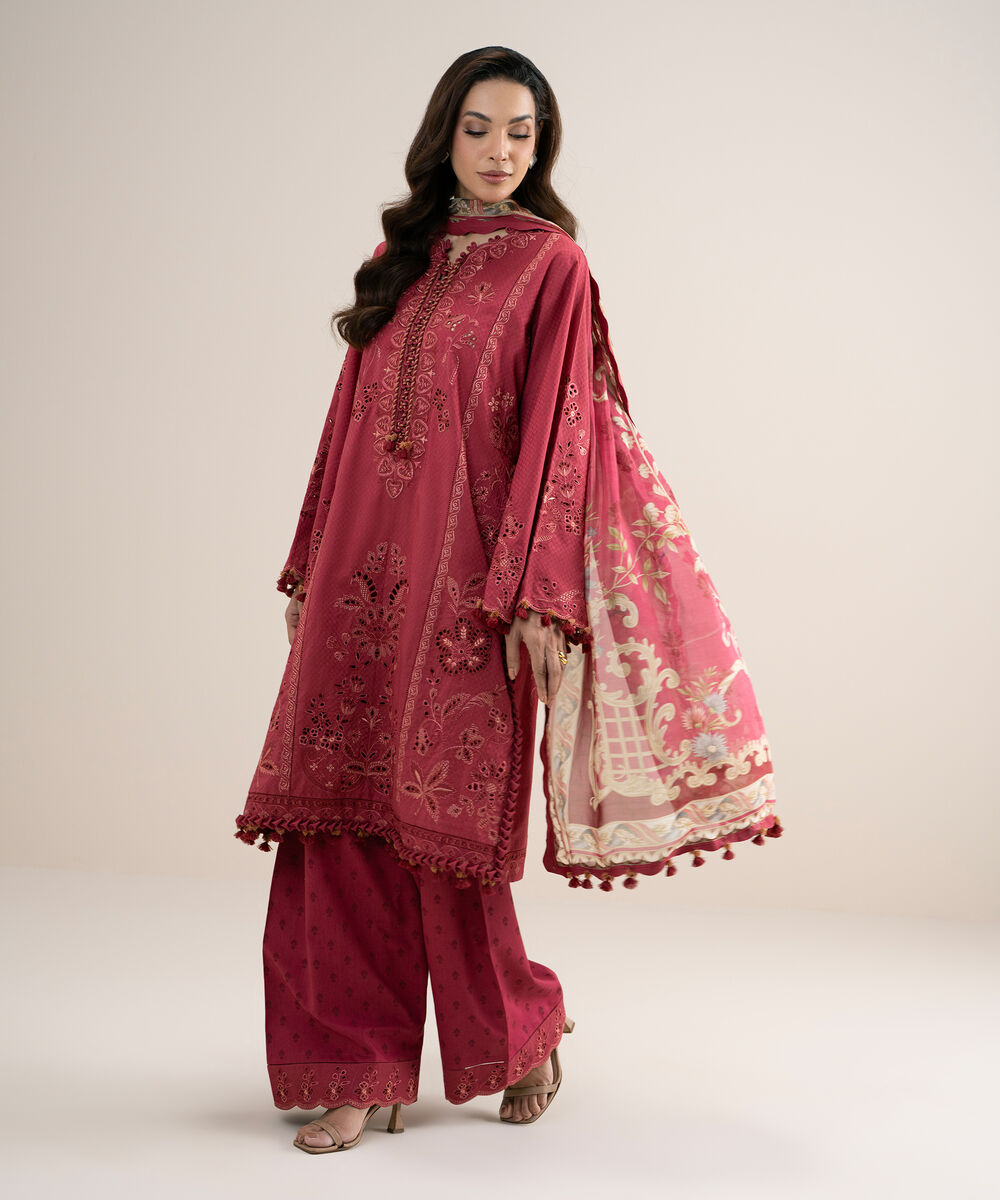 Women's Unstitched Embroidered Dobby Red 3 Piece Suit
