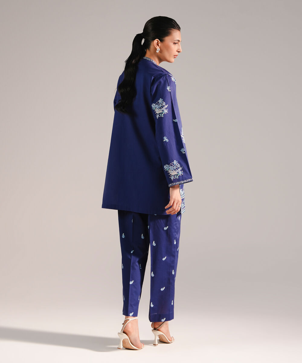 Women's RTW Slub Lawn Embroidered Dark Blue 2 Piece Suit