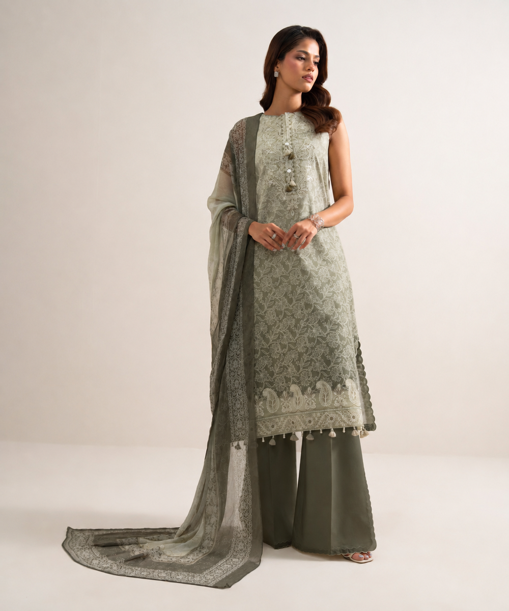 Women's Unstitched Lawn Embroidered Green 3 Piece Suit