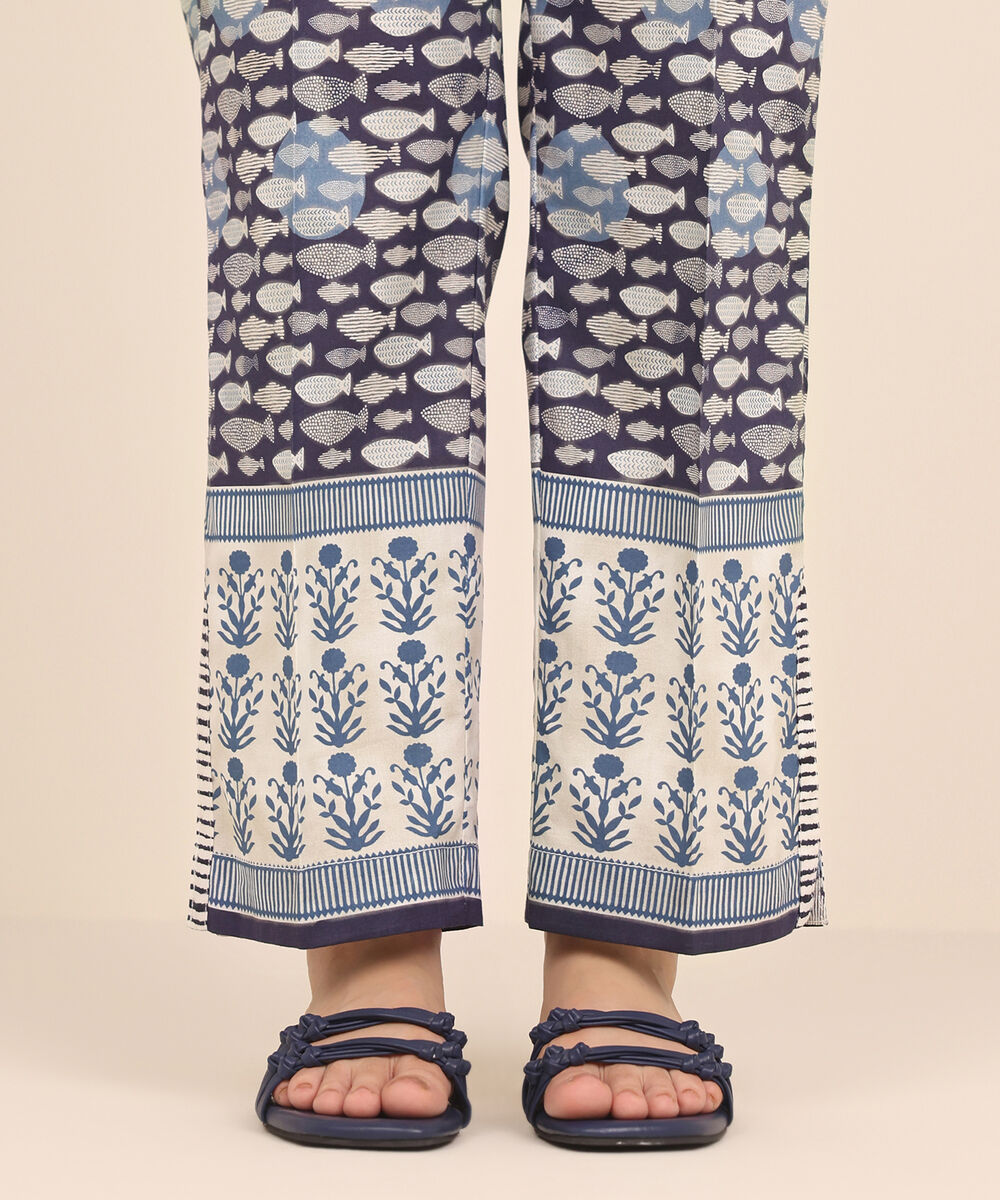 Women's RTW Cambric Blue Printed Straight Pants