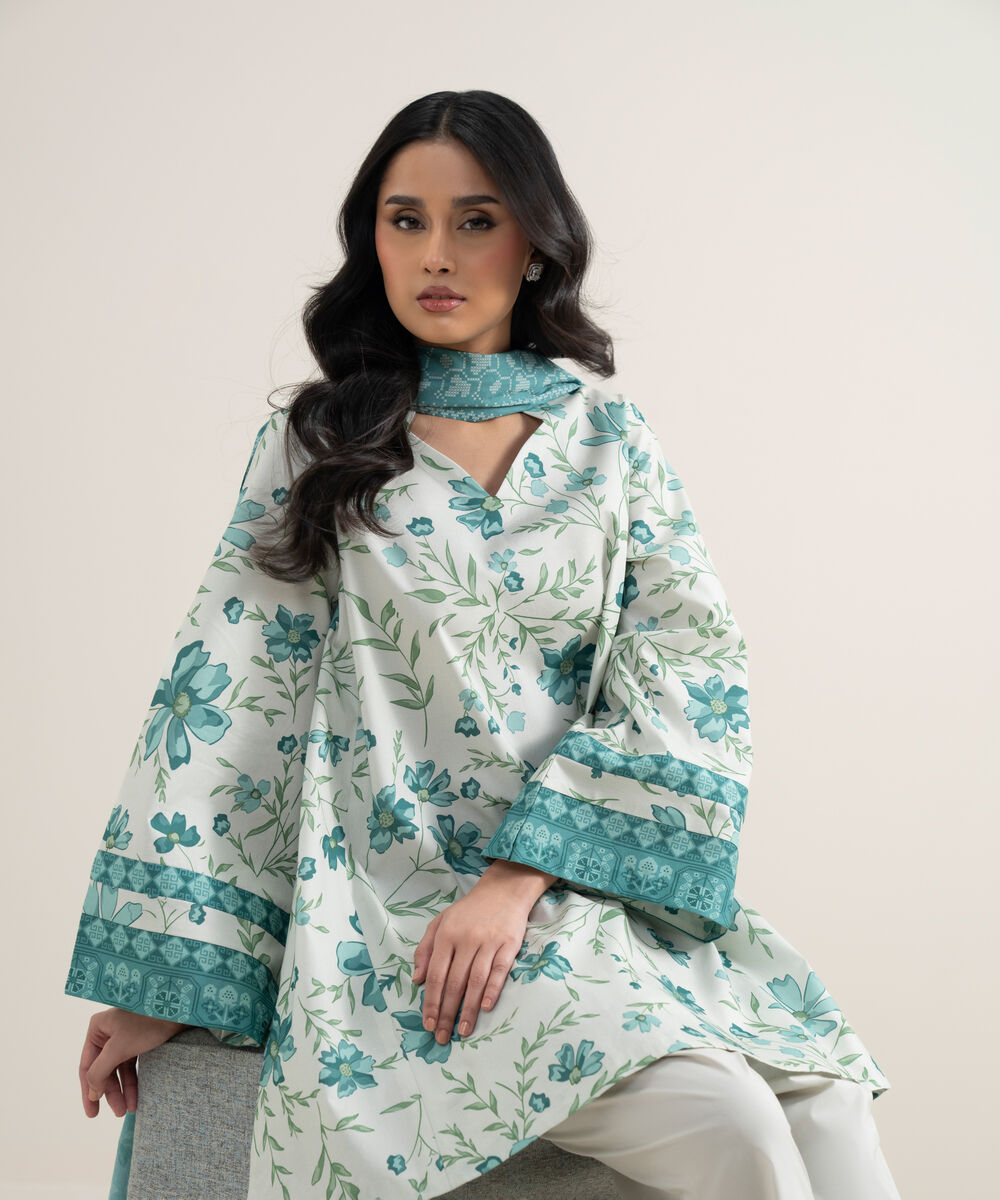 Women's Unstitched Lawn Printed Off White 2 Piece Suit