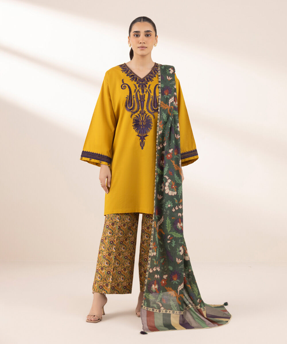 Women's RTW Textured Lawn Yellow Embroidered Boxy Shirt