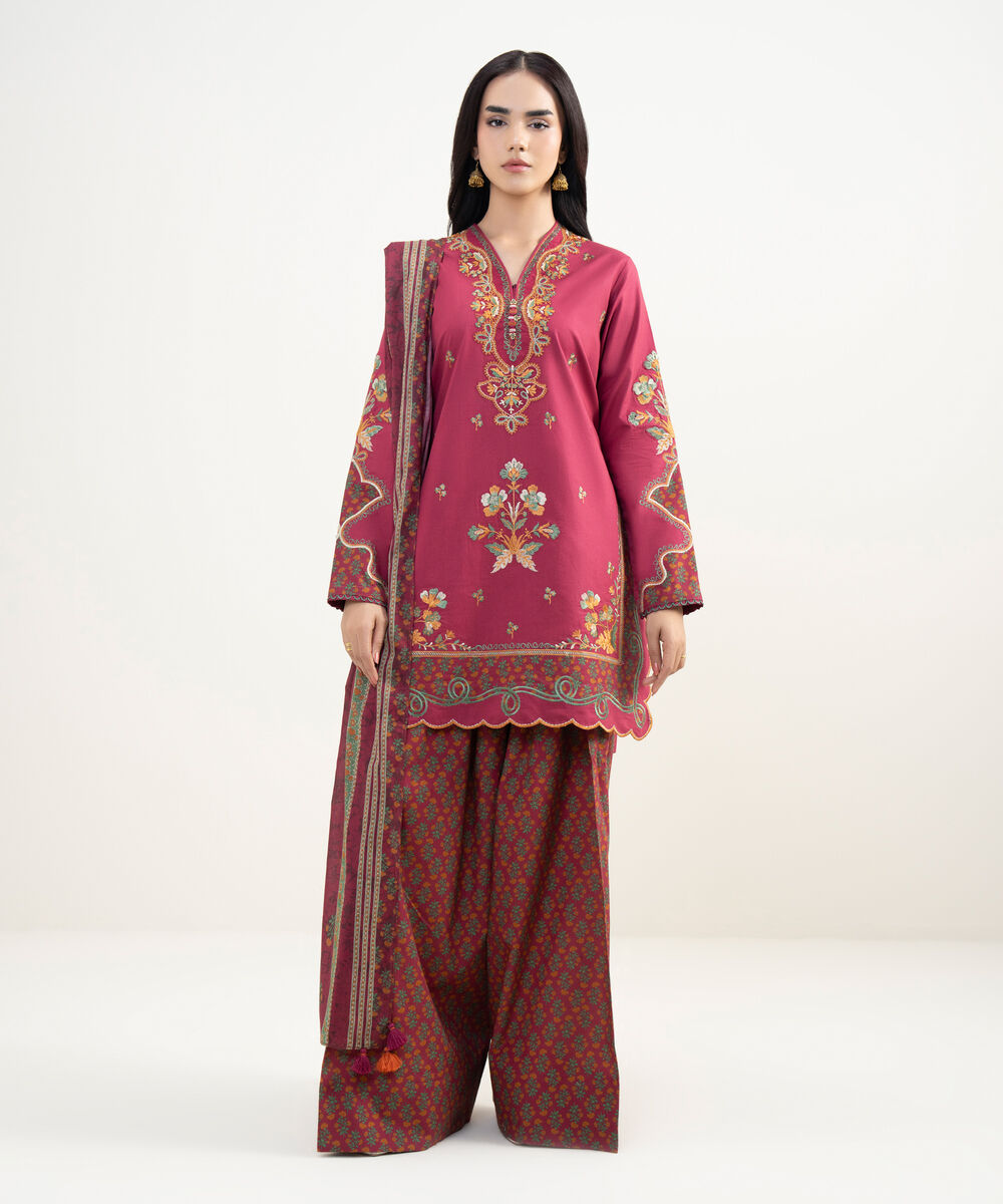Women's Unstitched Textured Lawn Embroidered Red 3 Piece Suit