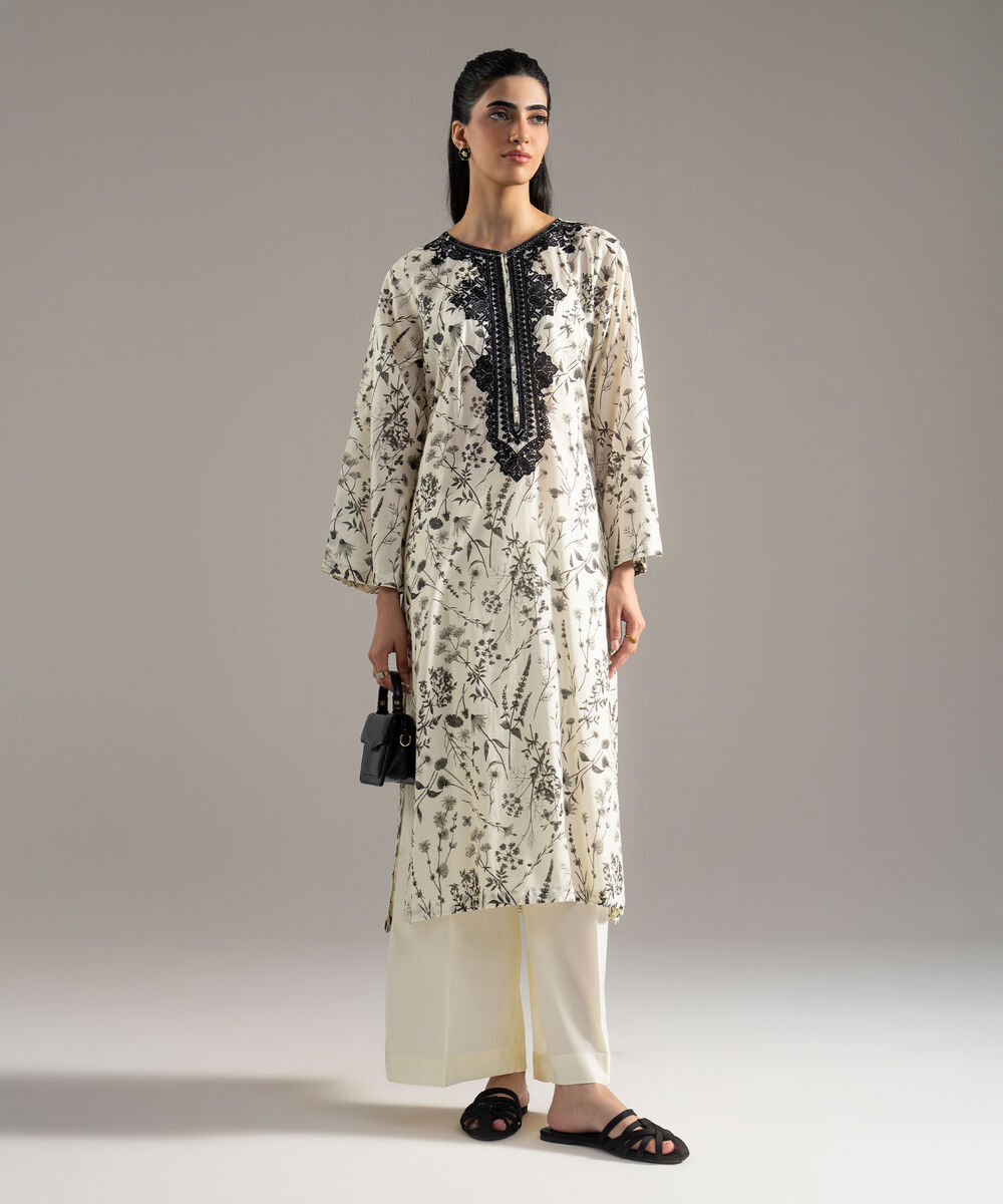 Women's RTW Lawn Printed Embroidered Cream White 2 Piece Suit