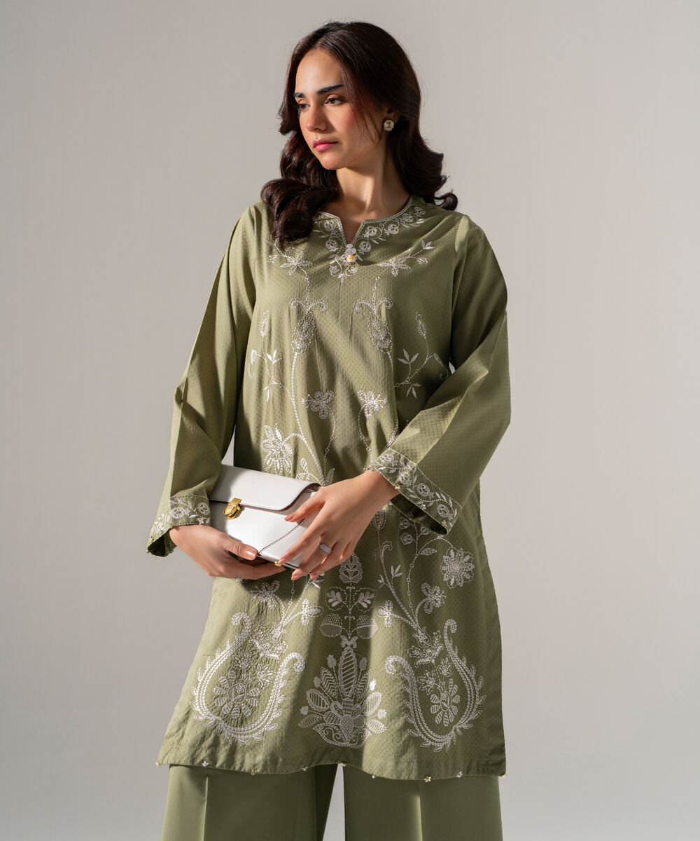 Women's RTW Dobby Solid Embroidered Green Straight Shirt