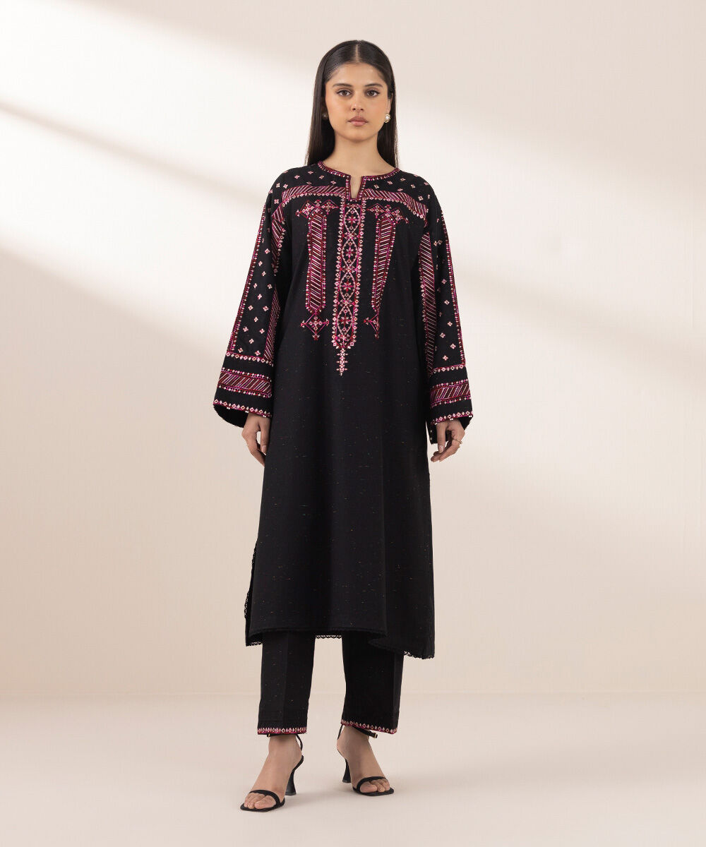 Women's Pret Multineps Black Embroidered A-Line Shirt