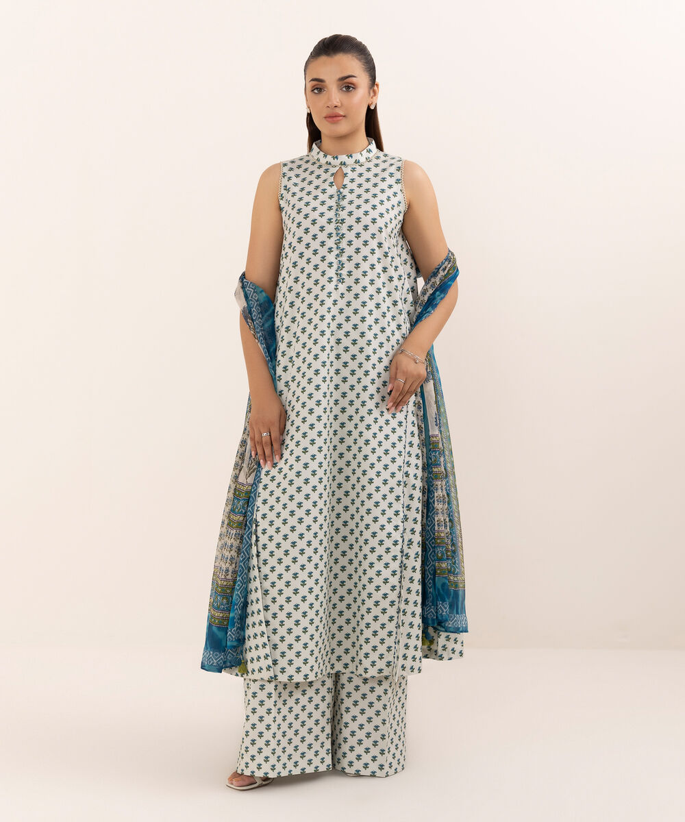 Women's Unstitched Cotton Printed Off White Three Piece Suit