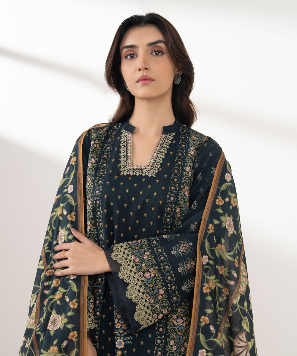 Women's Unstitched Lawn Printed Black  3 Piece Suit