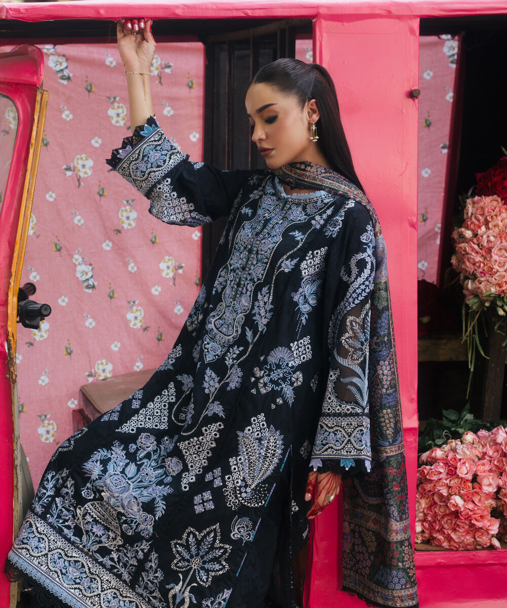Women's RTW Self Jacquard Embroidered Black 3 Piece Suit