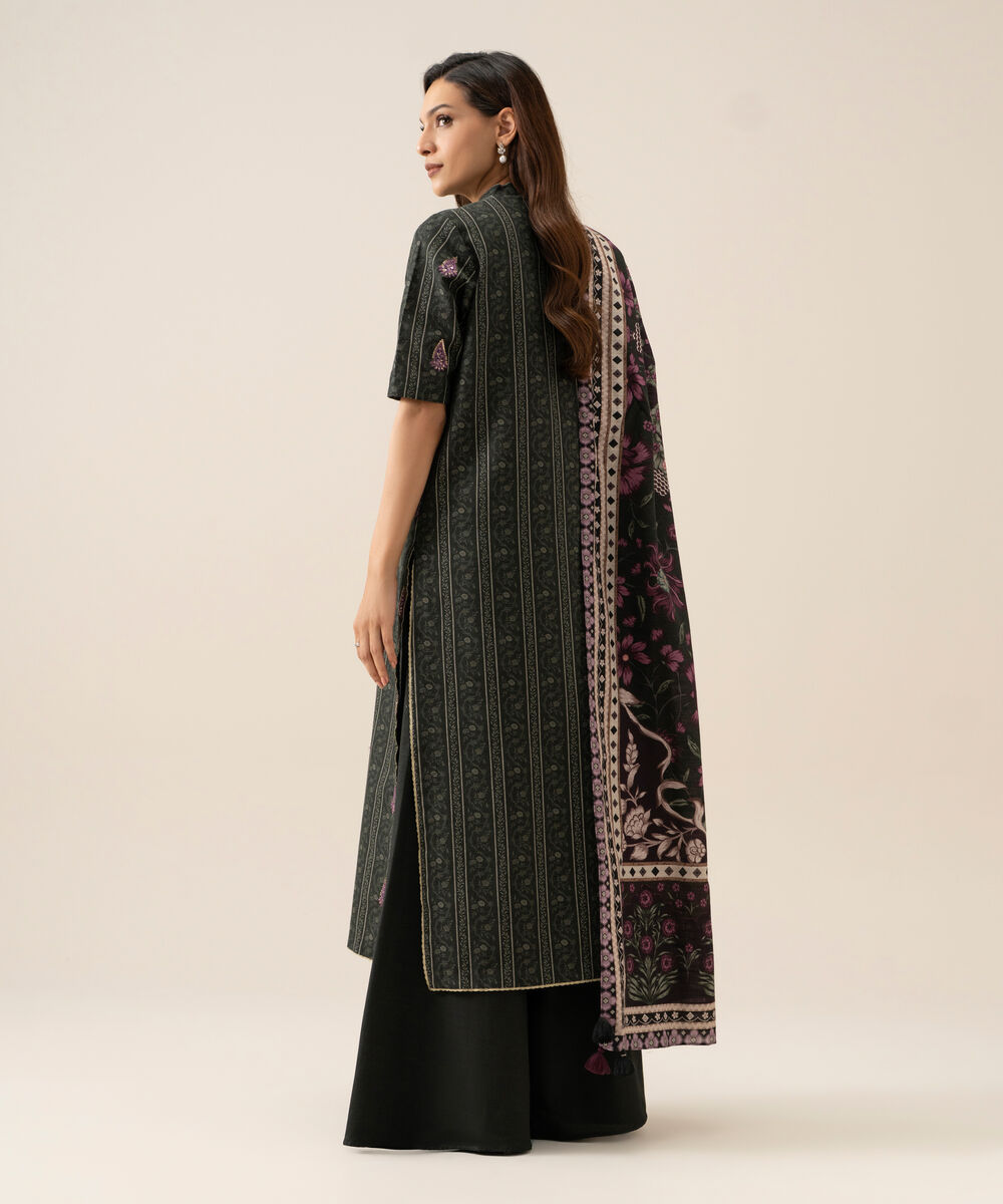 Women's Unstitched Light Khaddar Embroidered Black 3 Piece Suit