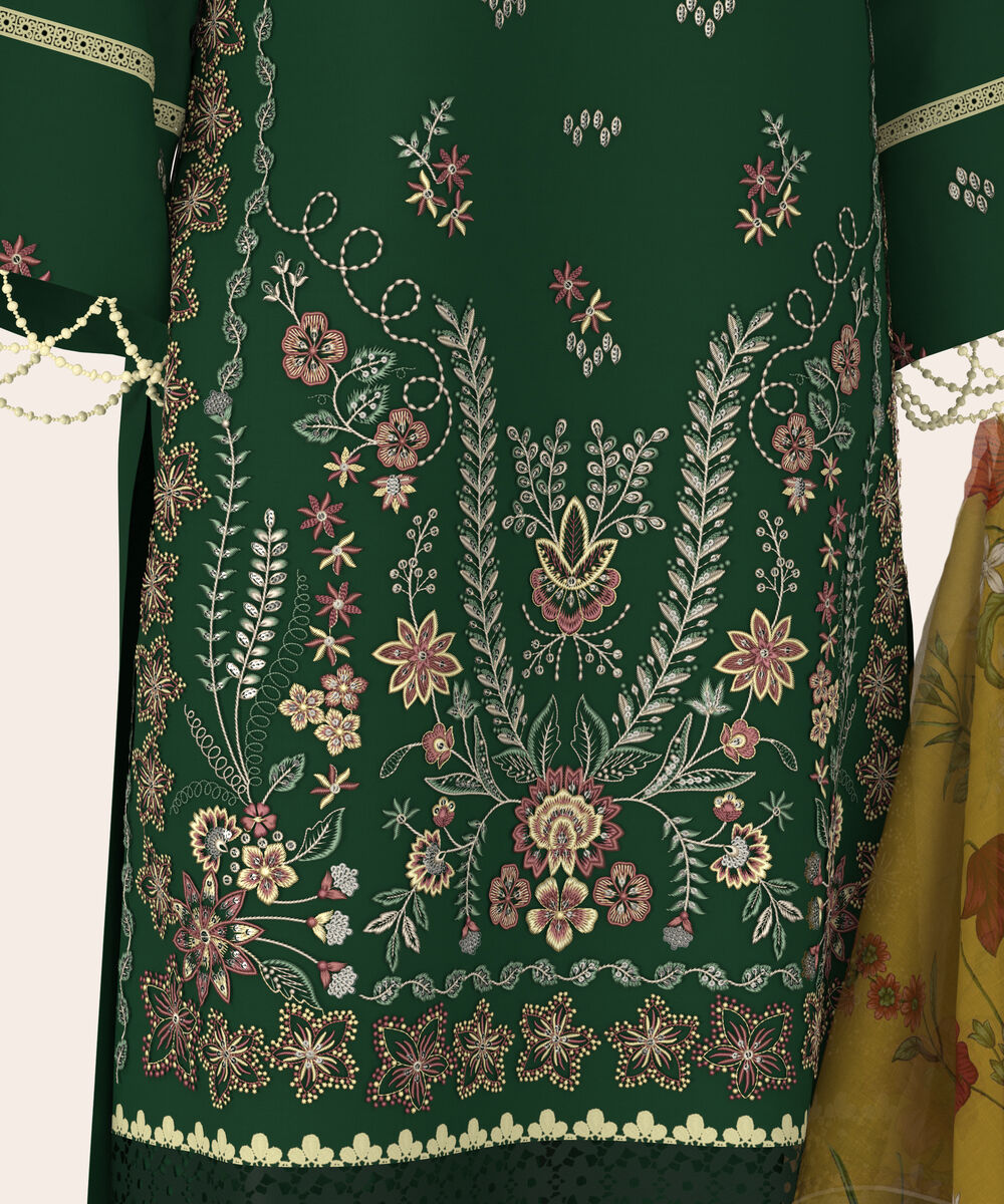 Women's Unstitched Self Jacquard Green  Embroidered 3 Piece Suit