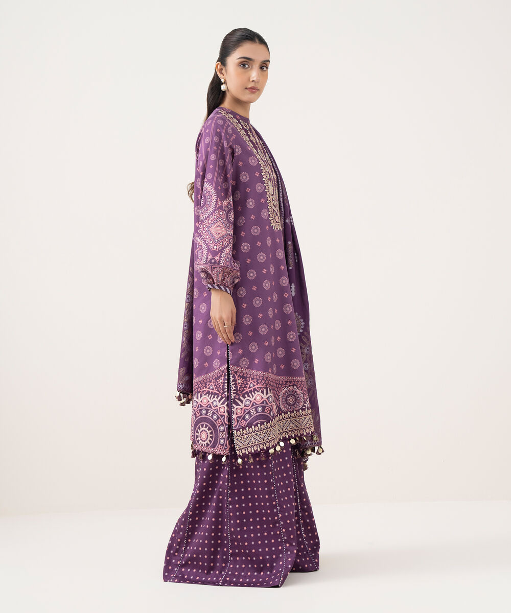 Women's Unstitched Fine Cotton Satin Embroidered Purple 3 Piece Suit