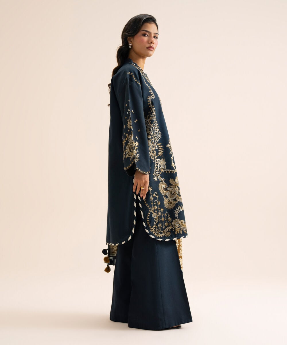 Women's Unstitched Light Khaddar Embroidered Blue 3 Piece Suit