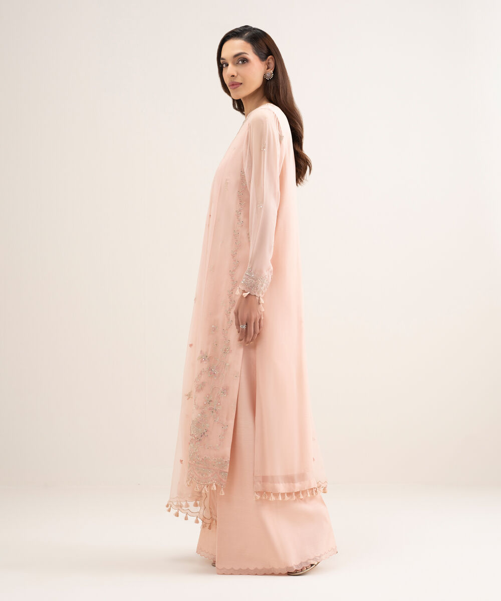 Women's Unstitched Blended Chiffon Embroidered Pink 3 Piece Suit