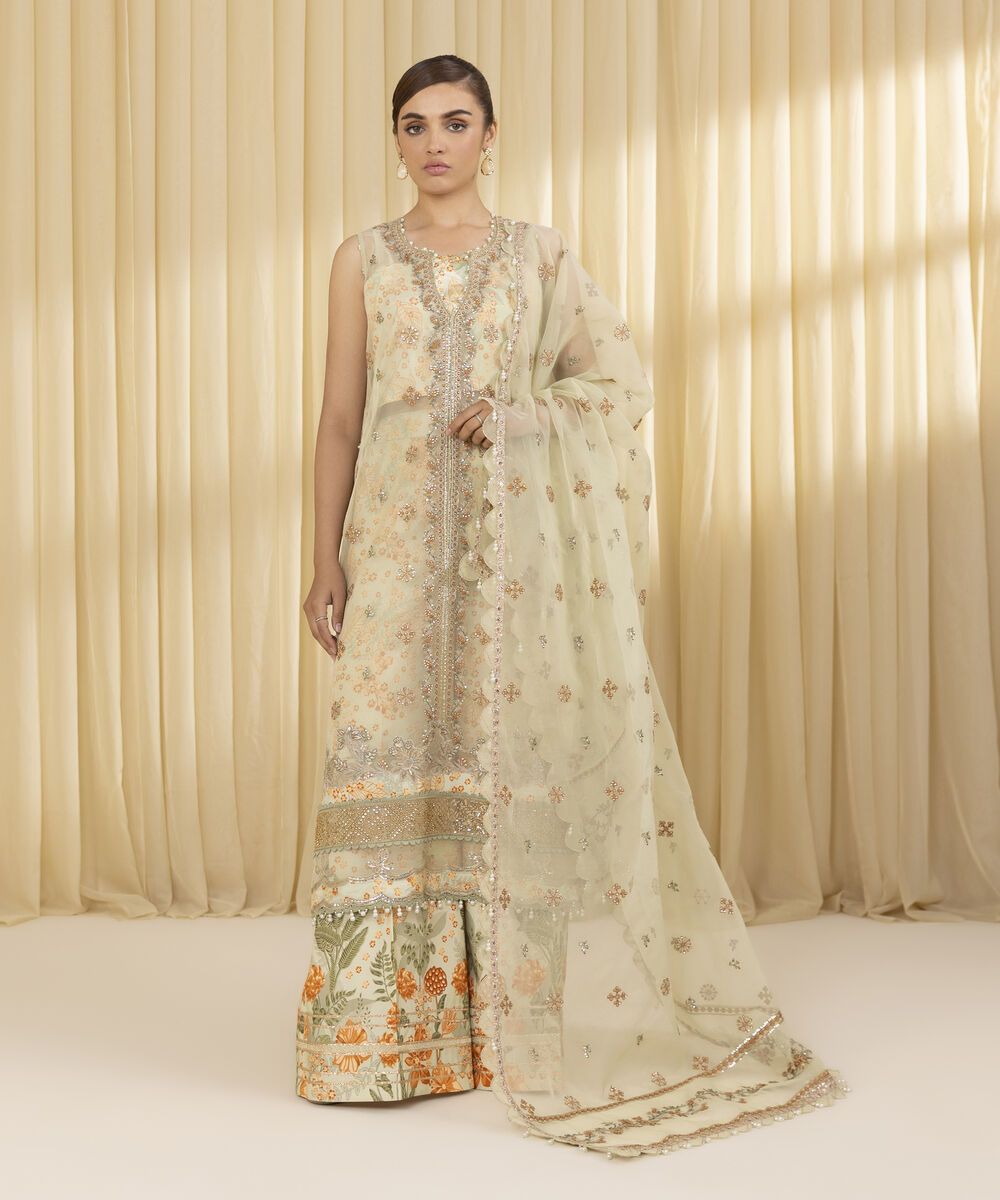 Unstitched Women's Beige Blended Organza 3 Piece Suit