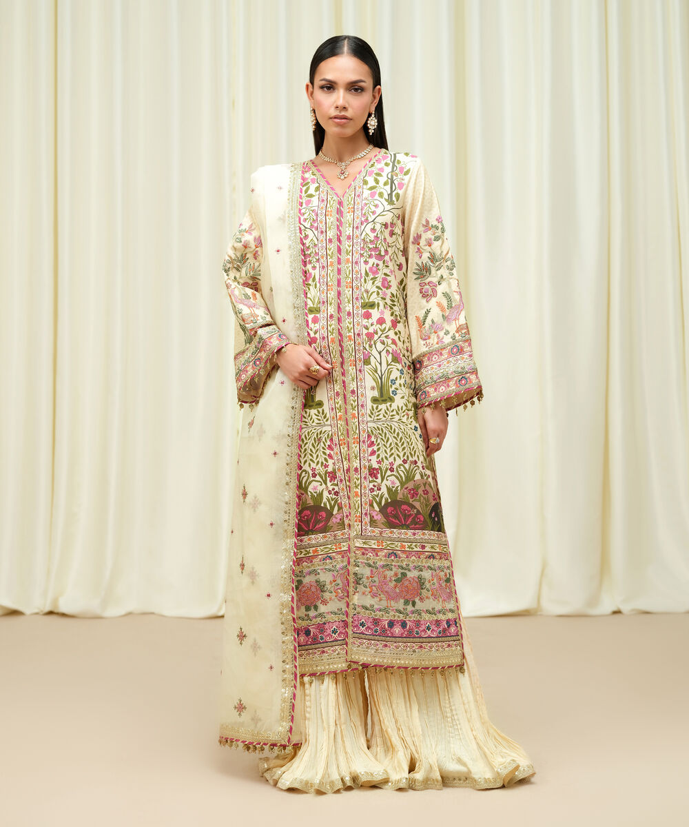 Women's Unstitched Raw Silk Embroidered Multi 3 Piece Suit