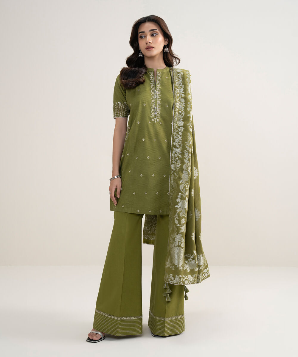 Women's Unstitched Dobby Embroidered Green 3 Piece Suit