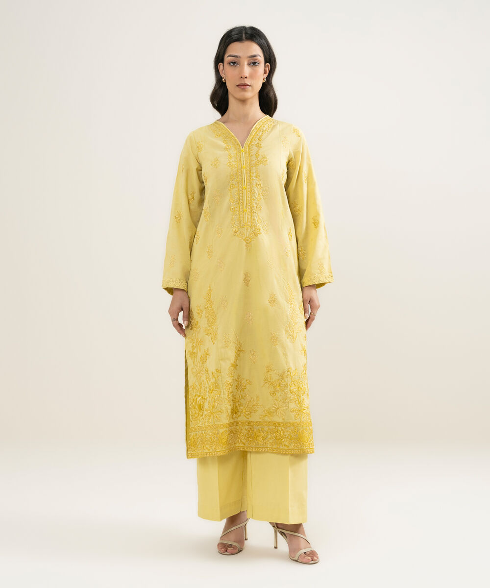 Women's RTW Self Jacquard Embroidered Yellow A-Line Shirt