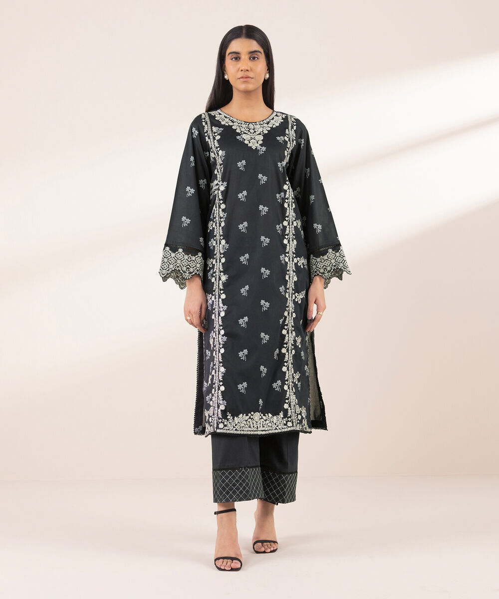 Women's RTW Lawn Black Embroidered A-Line Shirt