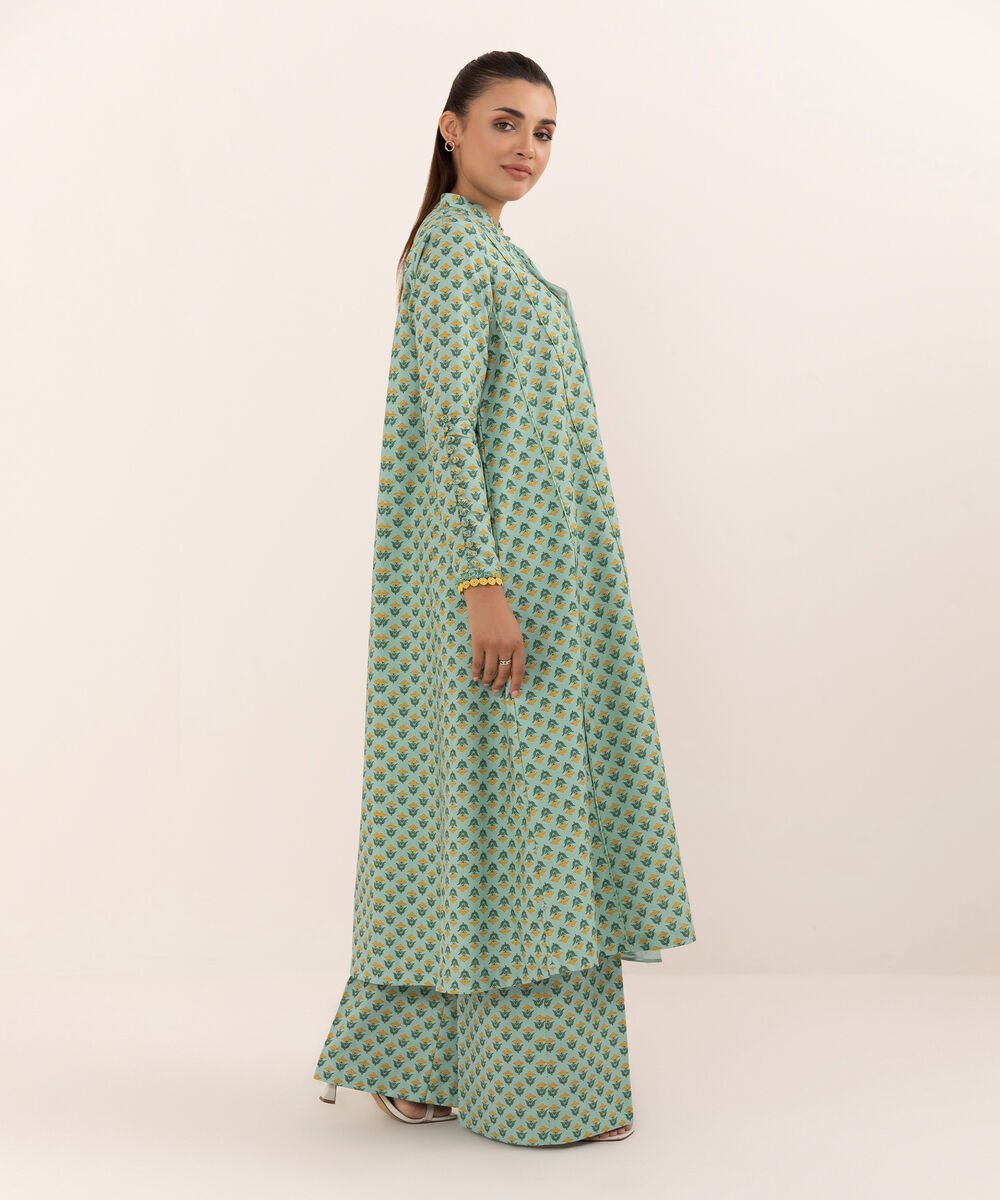 Women's Unstitched Cotton Printed Aqua Three Piece Suit